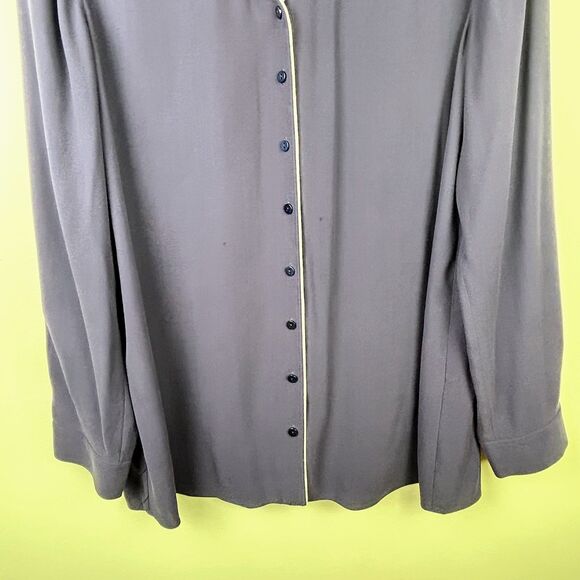 Eileen Fisher Georgette Piped Blouse 100% Silk Crepe Button Down Top Navy Blue M - Picture 4 of 13